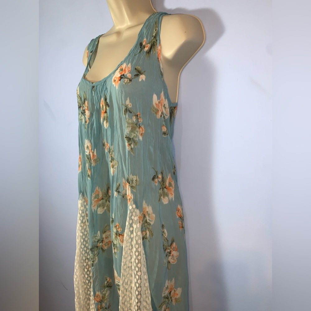 Ryu Floral Midi Dress handkerchief hem blue Cream sleeveless boho fairy Y2K Lrg - Picture 2 of 9